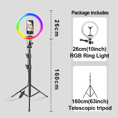 Video Light Selfie Ring Light Photography RGB Led Light Lamp With Mobile Phone Holder Large Tripod Stand For Youtube Tiktok Live