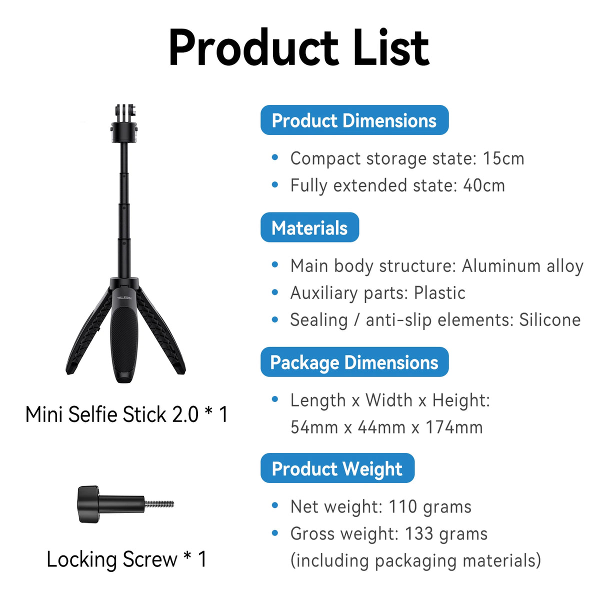 TELESIN Mini Quick Release Selfie Stick Tripod Portable Adjustable Length for GoPro Insta360 DJI Osmo Action Action Camera