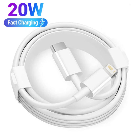 White charging cable with USB-C and Lightning connectors, labeled '20W Fast Charging'.